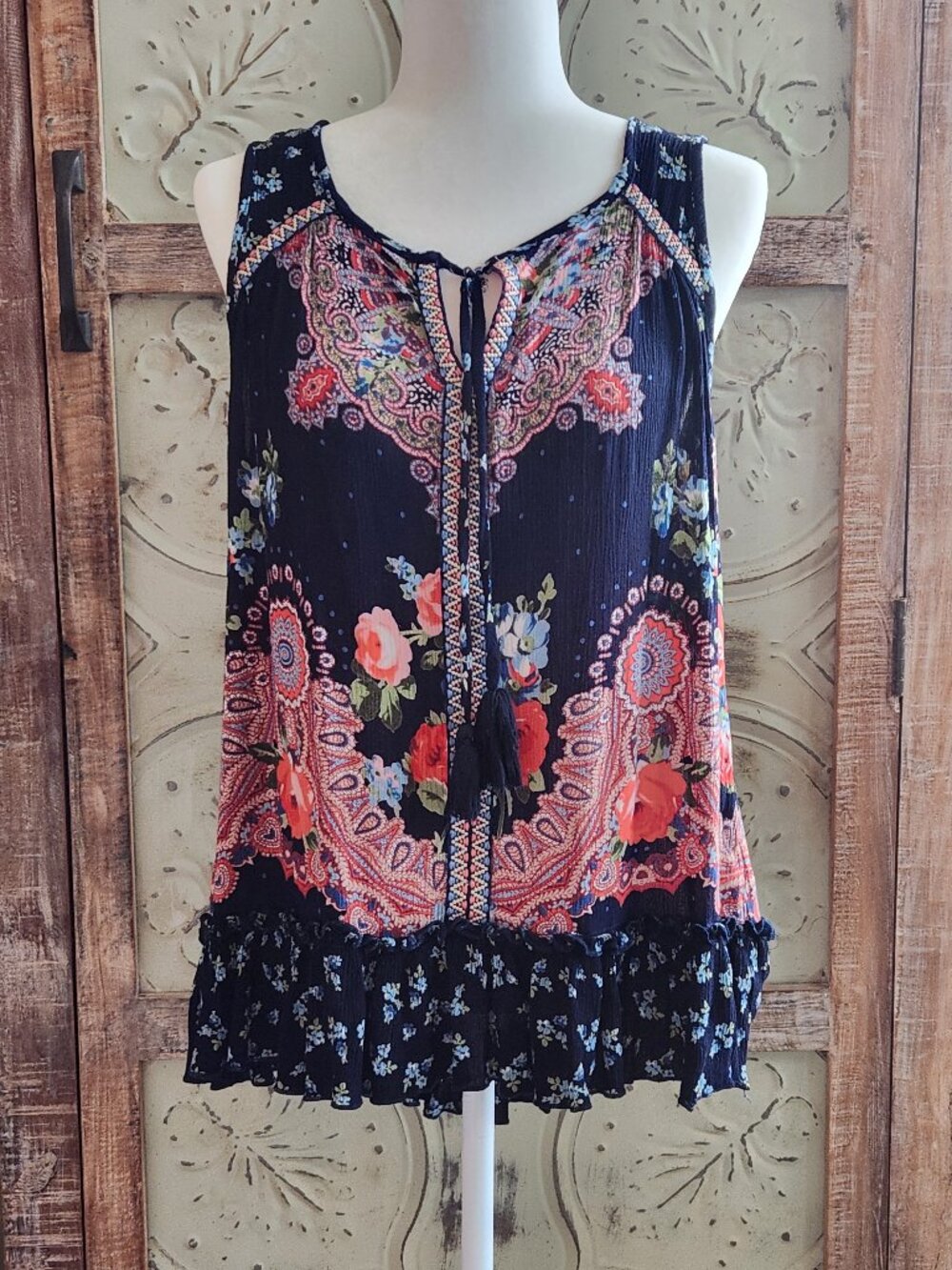 Bila Blue Bohemian Floral Embroidered w/Tassels Sleeveless Tunic Blouse | Medium